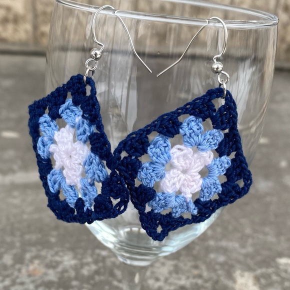 Blue Crochet Granny Square Earrings - Picture 6 of 7